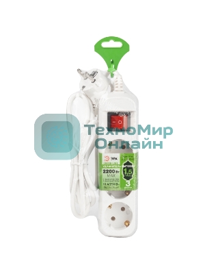 Удлинитель электрический ЭРА UDL-10-315-ES Greenline 3 розетки с заземлением с выключателем 1,5м ПВС 3x0.75мм2