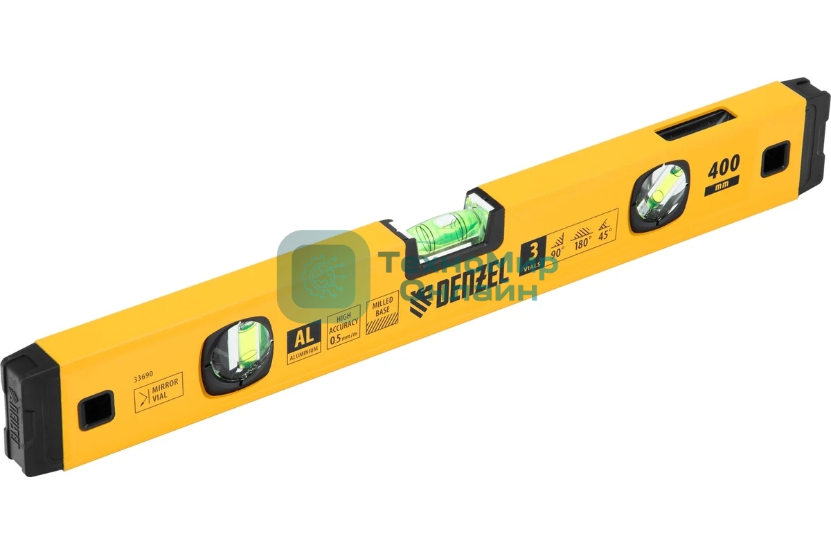 Уровень алюминиевый Denzel магнит., фрезерованный, 3 глазка (1 зеркал.), 0,5 мм/м, 400 мм