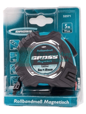 Рулетка Gross Magnetisch, 5 м х 19мм, обрезин. корпус, автоматич. фиксация, нейлон. покр., магн. зацеп