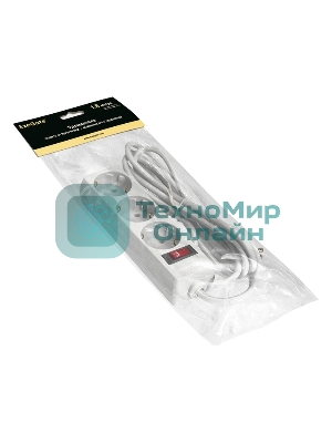 Удлинитель ExeGate EC-3-1.8W (EX279346RU), белый, 1,8 м, евровилка с заземлением, 3 евророзетки с заземлением, 2200 Вт