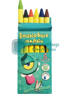 Восковые мелки Silwerhof Монстрики, круглые, 6 цветов, длина 89мм, диаметр 8мм, картонная коробка с европодвесом