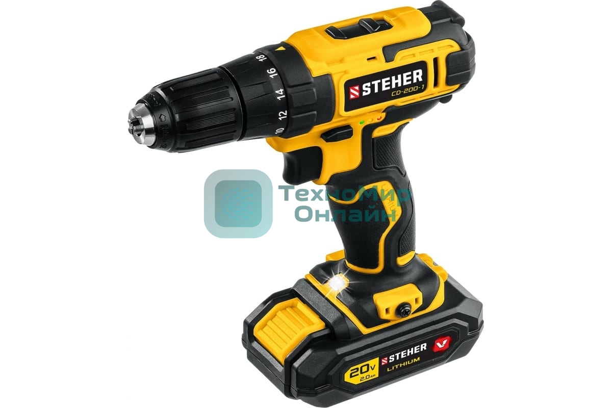 Дрель-шуруповерт STEHER CD-200-1, 20 В, 2 Ач, 45 Нм, бесщеточный