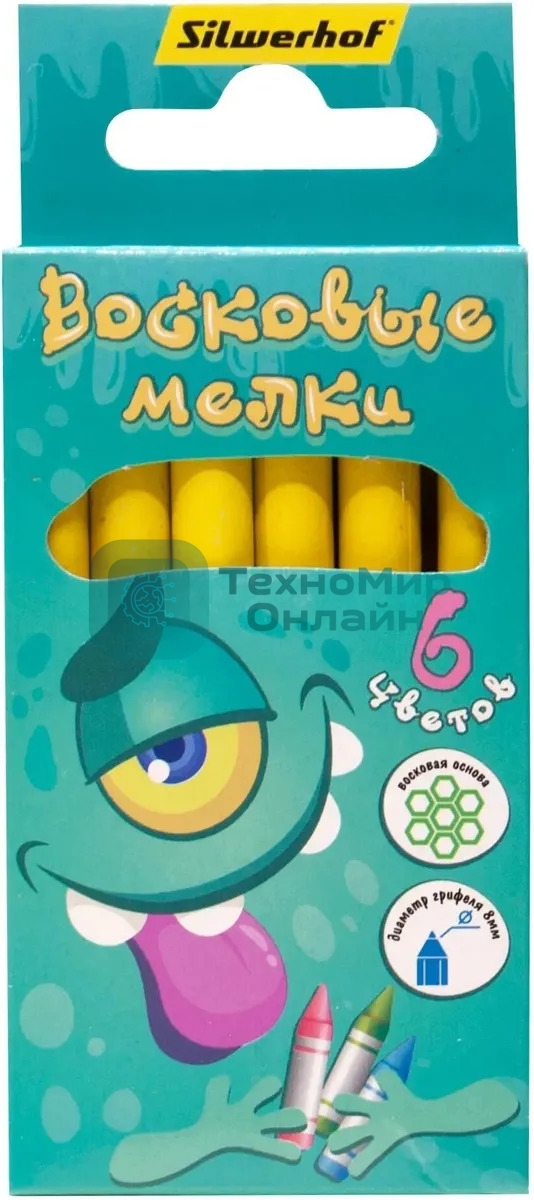 Восковые мелки Silwerhof Монстрики, круглые, 6 цветов, длина 89мм, диаметр 8мм, картонная коробка с европодвесом