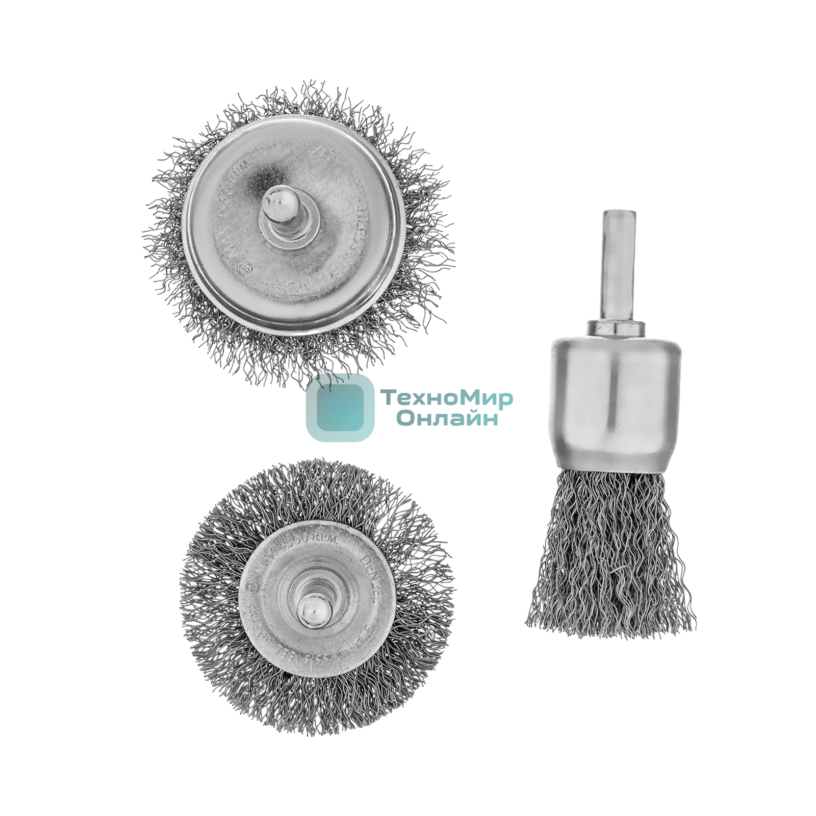 Набор щеток для дрели Denzel 1 Плоская 50 мм, 2 Чашки 25-50 мм, шпилька, нерж. вит. проволока