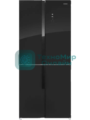 Холодильник Maunfeld MFF181NFB черный глянцевый, трехкамерный, 333/164л, морозилка сбоку, No Frost, Side by Side