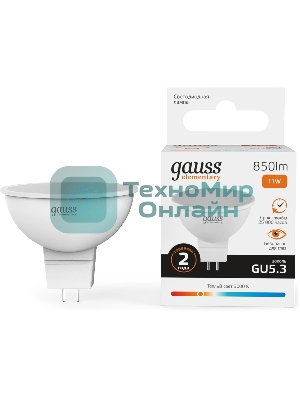 Лампа светодиодная Gauss Elementary 13511 11Вт цок.:GU5.3 софит 180B св.свеч.бел.теп. MR16 (упак.:10шт)