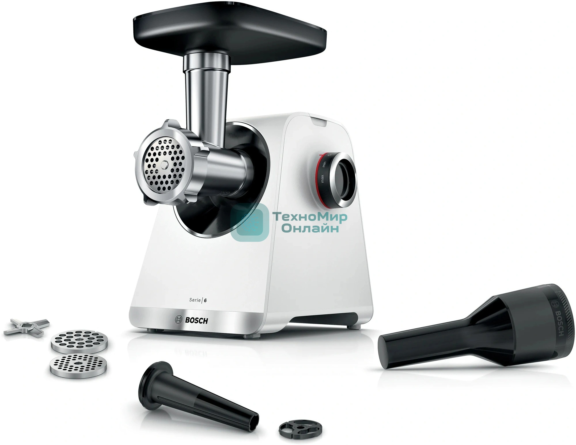 Мясорубка электрическая Bosch MFWS609W белый/черный, 2100 Вт, 3.5 кг/мин, реверс, насадки - 4