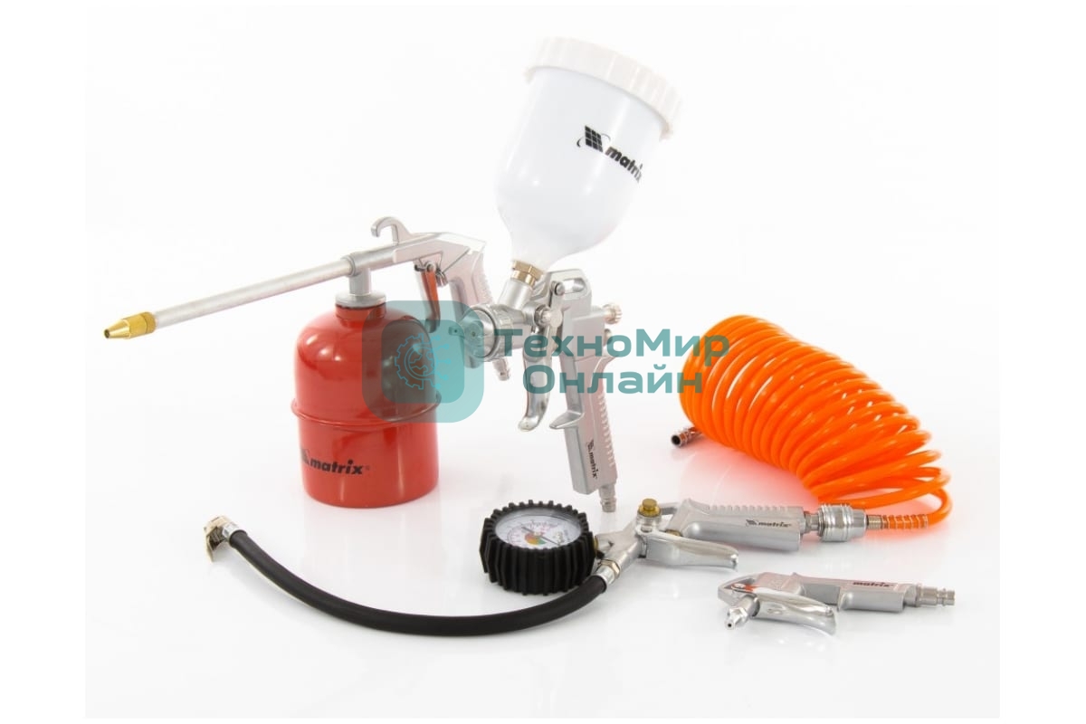 Набор пневмоинструмента Matrix, 5 предметов, быстросъемное соед. краскорасп. с верхним бачком