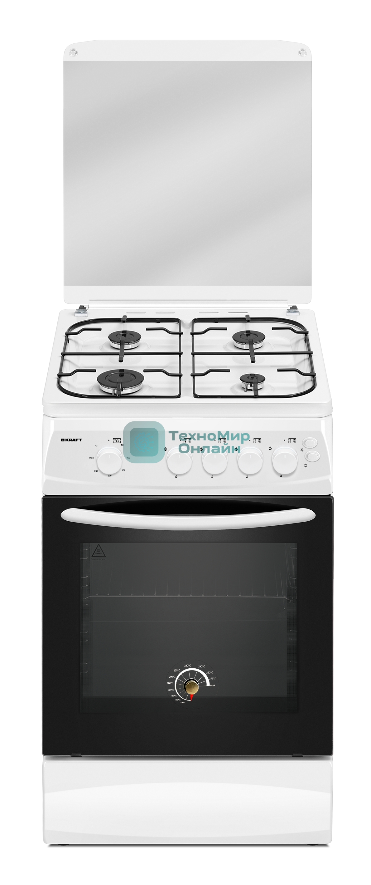 Плита газовая Kraft KF-FSK5404AGWG белый, конфорок 4 газовых, духовка 58 л, 50 см x 87 см x 63 см