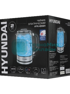 Чайник электрический Hyundai HYK-G5501 1.7 л, 2200 Вт, серебристый/черный