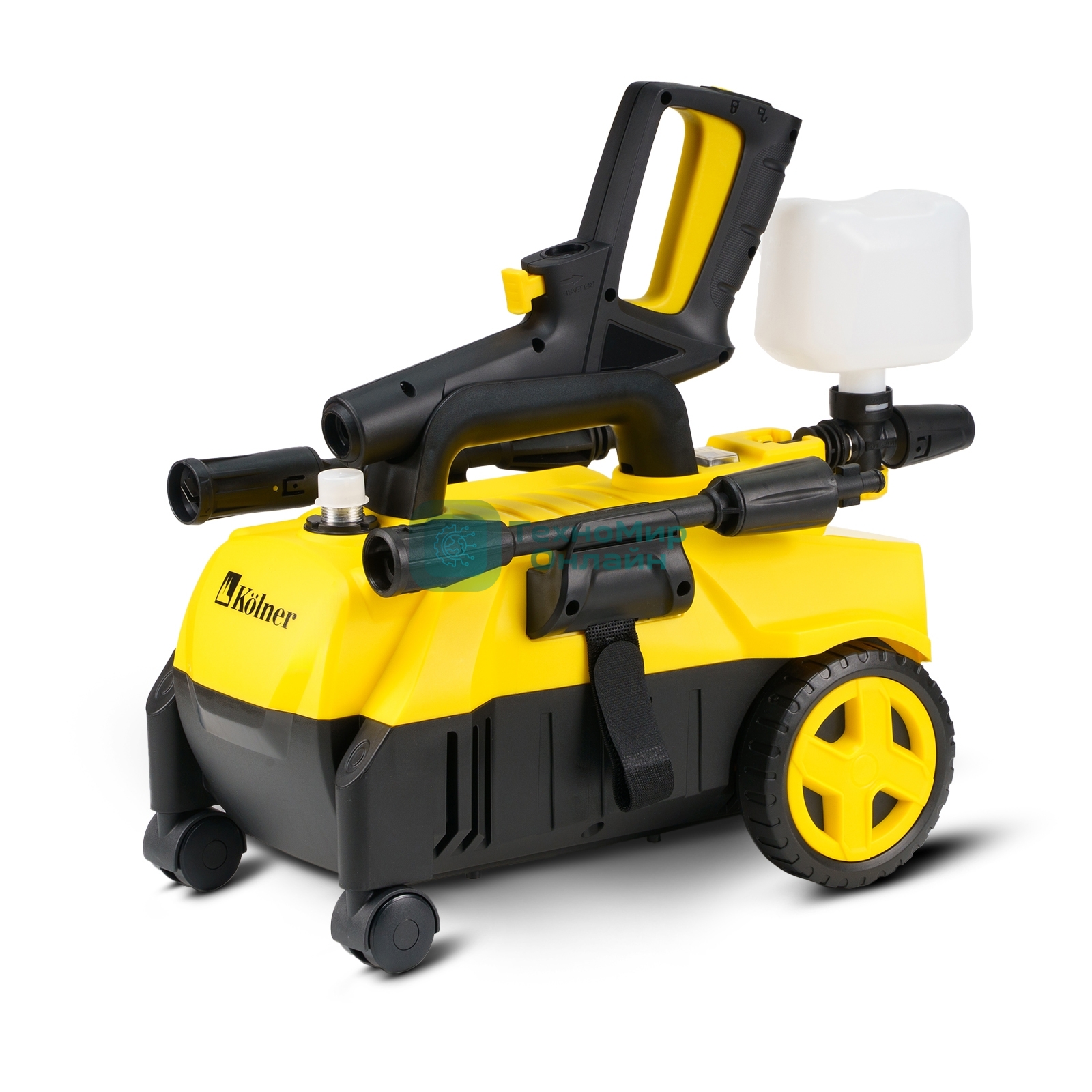 Мойка высокого давления 130/70 бар, KOLNER K140F, на 4 колесах, 1600Вт, 480л/ч, метал.помпа, шланг ВД 5м, кабель 5м, самовсас, Auto stop (пеногенератор)