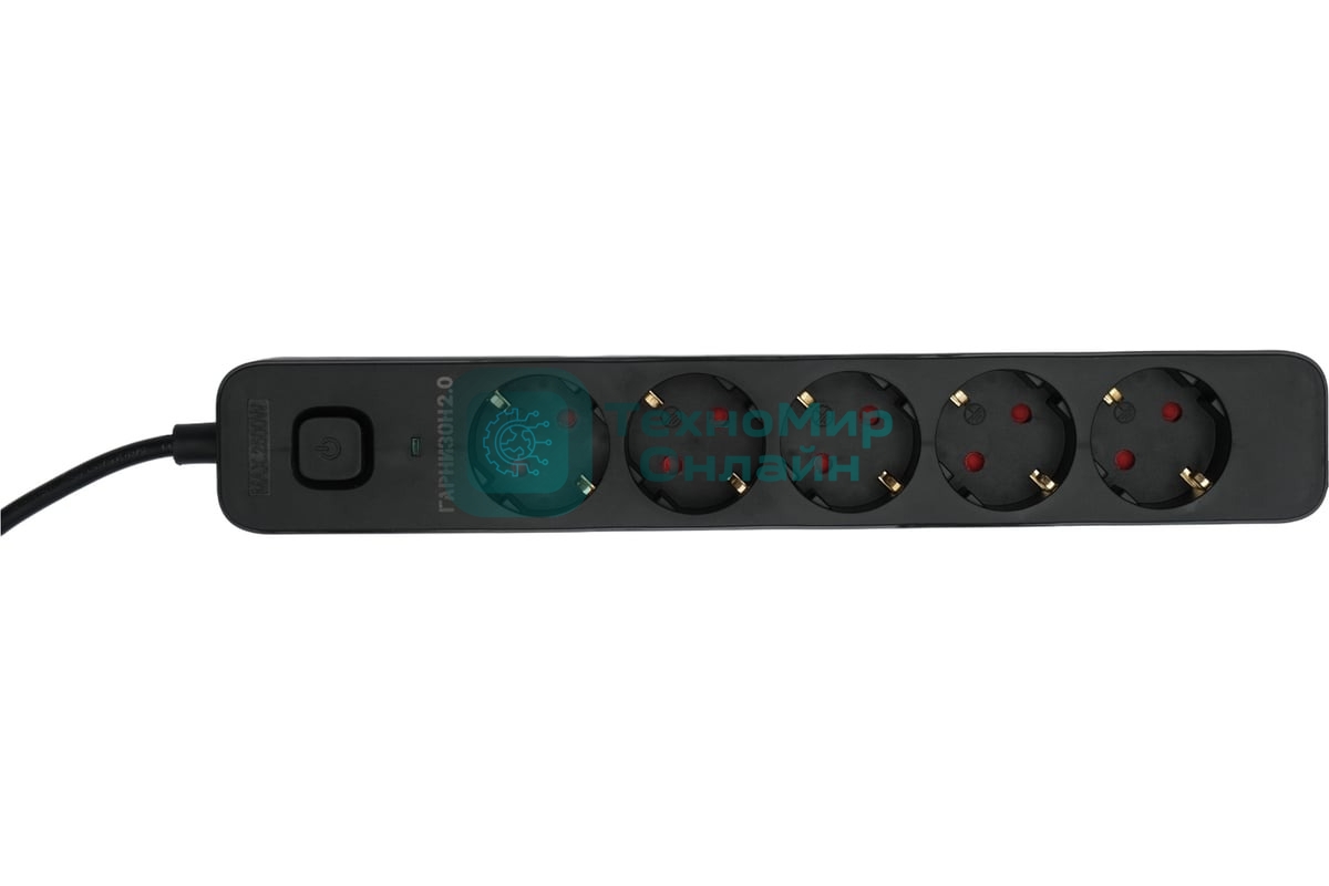 Сетевой фильтр Гарнизон 2.0 EPS-5-B-5, 5 р, 10А, 5 м, ур.защиты 2+, черный, пакет