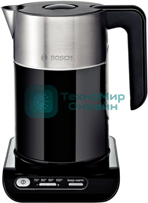 Электрочайник Bosch TWK8613 черный/серебристый, 1.5 л, 2400 Вт, скрытый нагревательный элемент, поддержание температуры