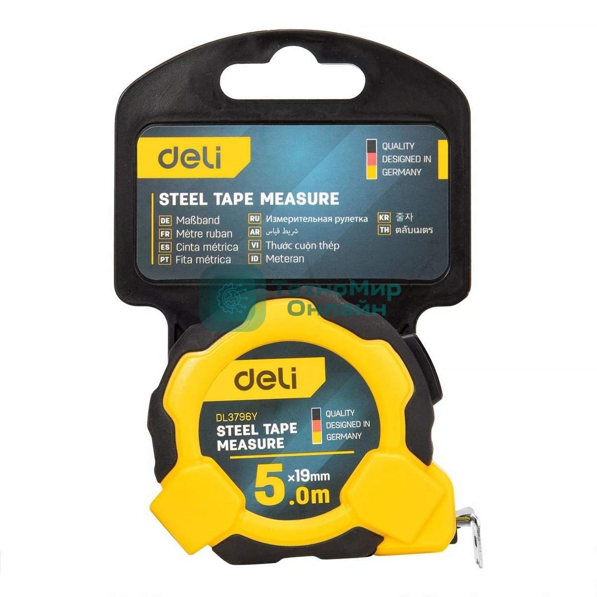 Рулетка Deli DL3796 5мx19мм, Автостоп, ударопрочный корпус, метрическая