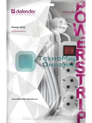 Удлинитель Defender L330 белый, 15 м, EURO, 3 розетки, 3500 Вт