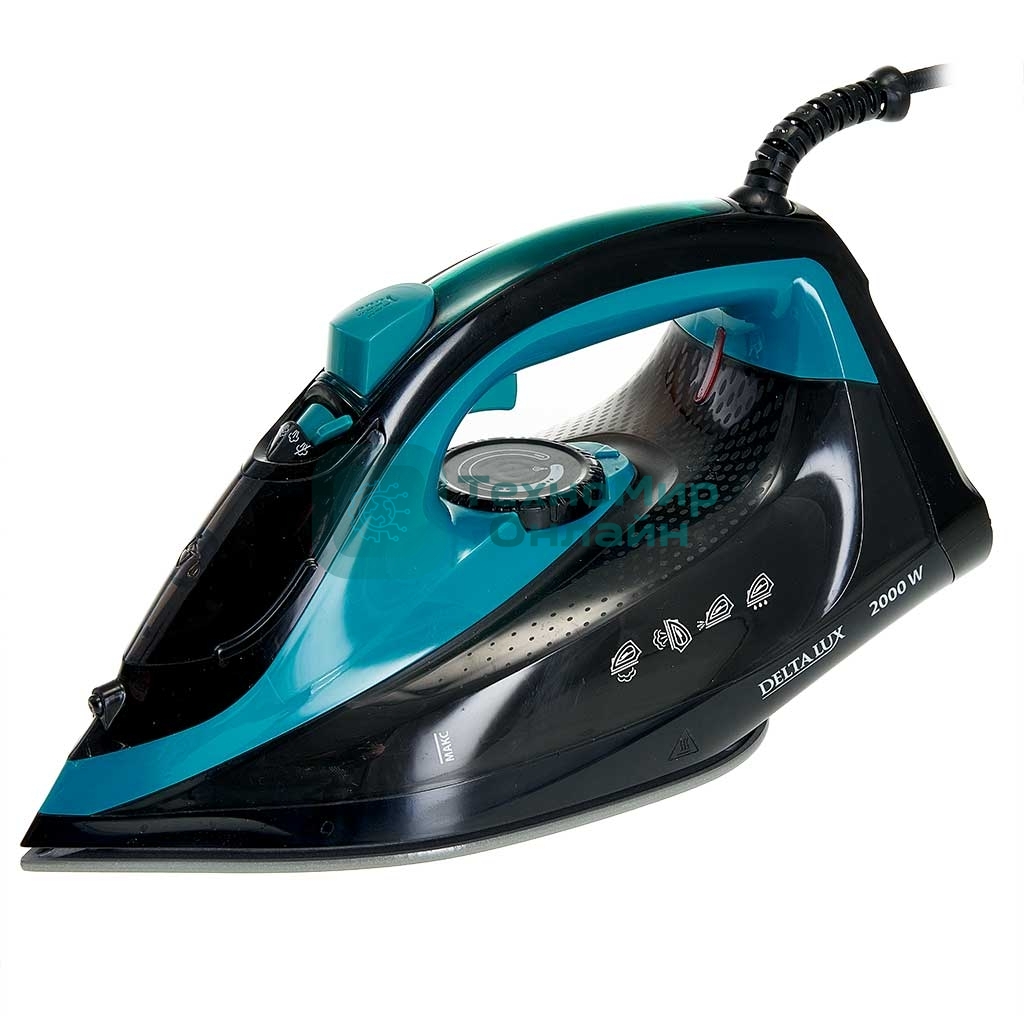 Утюг Delta Lux DE-3000 черный/бирюзовый, 2000 Вт, 20±5 г/мин, 130 г/мин, 320 мл