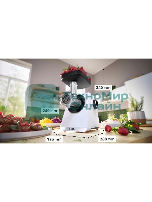Мясорубка электрическая Bosch MFWS609W белый/черный, 2100 Вт, 3.5 кг/мин, реверс, насадки - 4