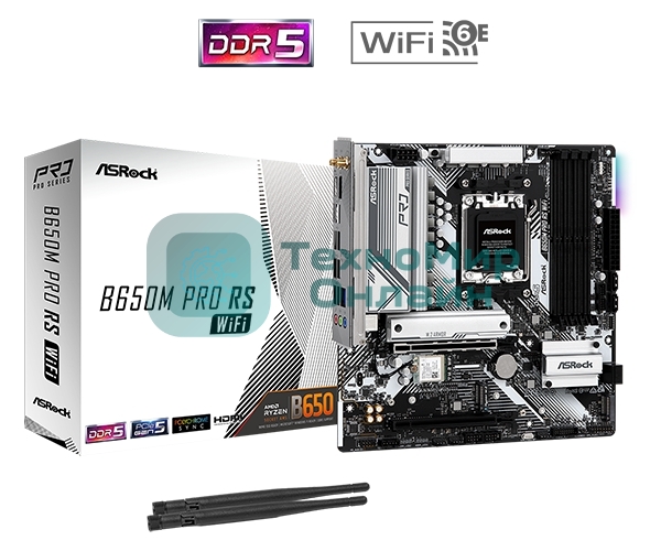 Материнская плата ASRock B650M PRO RS WIFI, Socket AM5, AMD B650, 4xDDR5-5200, HDMI+DP, 2xPCI-Ex16, 4xSATA3(RAID 0/1/10), 3xM.2, 8 Ch Audio, 1x2.5GLan, WiFi, (4+4)xUSB2.0, (3+4)xUSB3.2, (1+1)xUSB3.2 Type-C™, mATX, RTL, {}