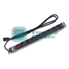 Блок силовых розеток Cabeus, Shuko х 8, вход IEC 320 C14, для шкафов, шнур 2 м, 50х490х50 мм (ВхШхГ), 10А, выключатель, черный