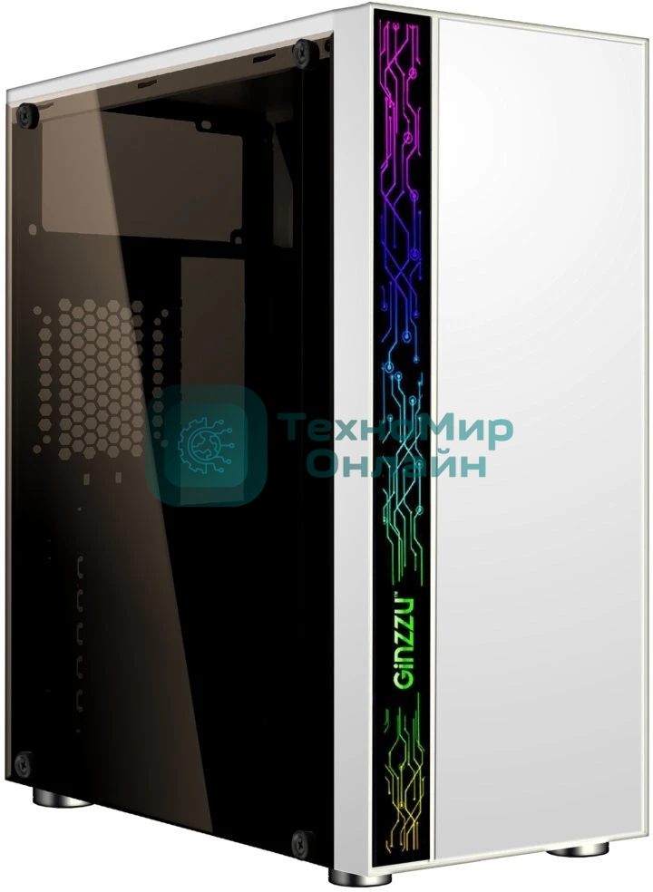 Компьютерный корпус Ginzzu A390 белый Window RGb подсветка 1хUSB 3.0, 2хUSB 2.0, AU