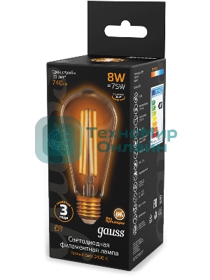 Лампа светодиодная филаментная Gauss Filament ST64 8Вт цок.: E27 эдисон 220B св. свеч. бел. теп. (упак.: 10 шт)