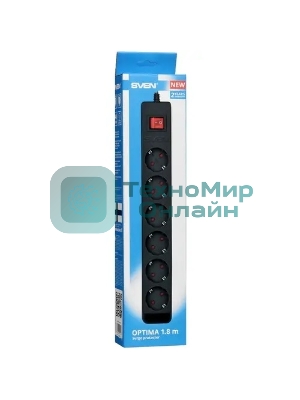 Сетевой фильтр SVEN Optima 1,8 м (6 розеток с защитными шторками) черный, цветная коробка
