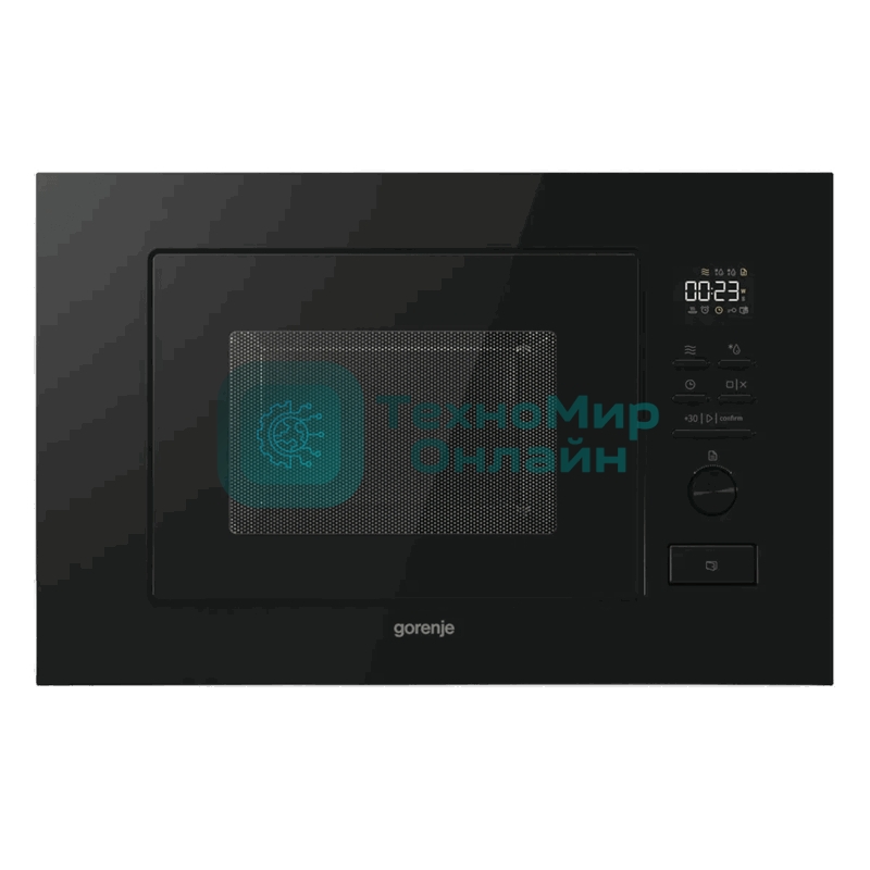 Встраиваемая микроволновая печь Gorenje, 20 л, 5 уровней мощности, 8 автопрограмм, электронное управление/утапливаемый переключатель, дисплей, гриль, поворотный стол, пошаговое приготовление, быстрый старт, черный