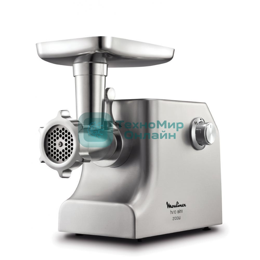 Мясорубка электрическая Moulinex ME858D32 серебристый, 2100 Вт, 5.5 кг/мин, реверс, защита от перегрузки, насадки - 8