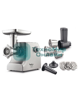 Мясорубка электрическая Moulinex ME858D32 серебристый, 2100 Вт, 5.5 кг/мин, реверс, защита от перегрузки, насадки - 8
