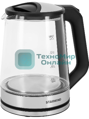Чайник электрический Starwind SKG2112 2 л, 1800 Вт, черный/прозрачный корпус: стекло