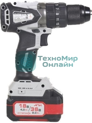 Дрель-шуруповерт ИНТЕРСКОЛ DAU-13/36V 90, 36 В,  2 Ач, 90 Нм, бесщеточный, ударный