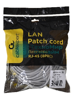 Патч-корд UTP Cablexpert PP6U-15M cat.6, 15м, литой, многожильный, серый