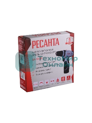 Дрель-шуруповерт Ресанта ДА-12-2Л, 12 В, 2 Ач, 40 Нм, щеточный