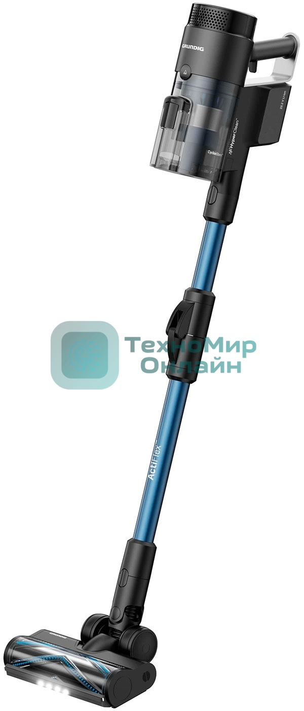 Пылесос вертикальный Grundig VCP 9330 черный/синий, питание от аккумулятора, 150 Вт, уборка сухая, пылесборник 0.5 л