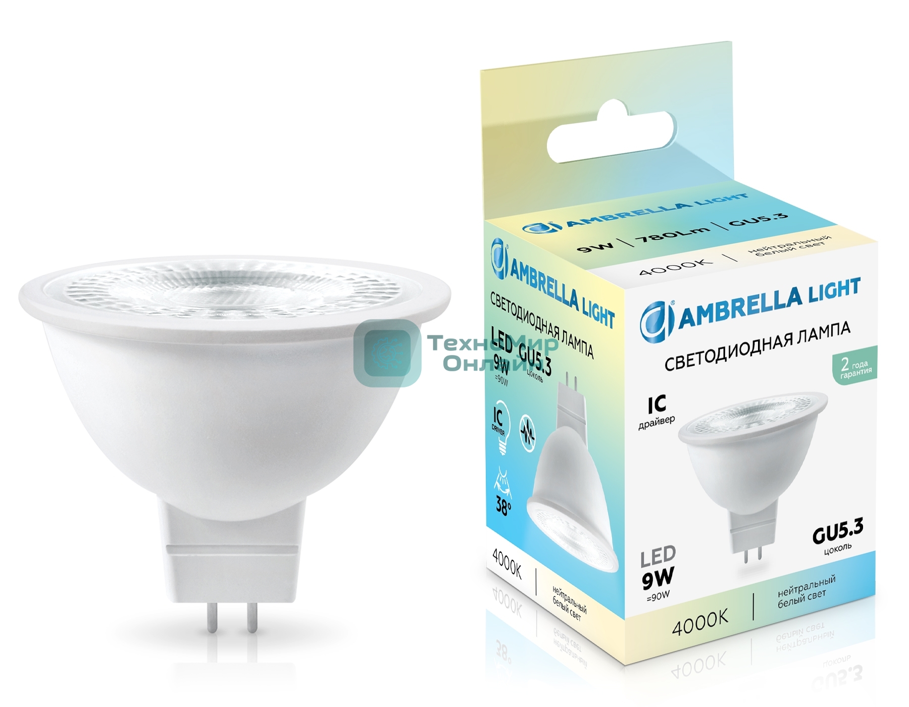 Лампа светодиодная	Ambrella light 170904 LED MR16 9W IC GU5.3 4000K 175-265V 38°