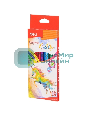 Карандаши цветные Deli EC00300 ColoRun, трехгранный профиль, тополь, 12 цветов, коробка с европодвесом