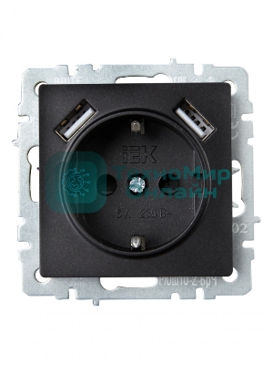 Розетка 1-местная IEK BRITE РЮш10-2-БрЧ (BR-R14-16-U21-D31-K02) с заземлением, с защитными шторками, 16А, с USB A+A 5В 3,1А, черный