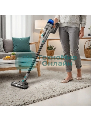 Пылесос вертикальный Kitfort КТ-5305 серый/синий, питание от аккумулятора, 225 Вт, уборка сухая, пылесборник 0.5 л