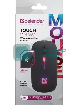 Мышь беспроводная Defender Touch MM-997 черный, 1600 dpi, радиоканал, Bluetooth, USB, кнопки - 4