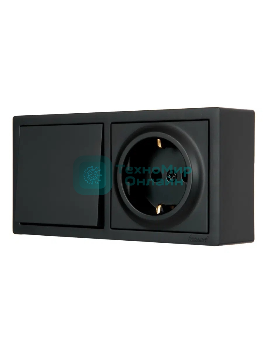Блок выключатель 1-клав. и розетка 1-местн с заземл. LETO черный бархат горизонталь LEZARD 752-4200-170BAP