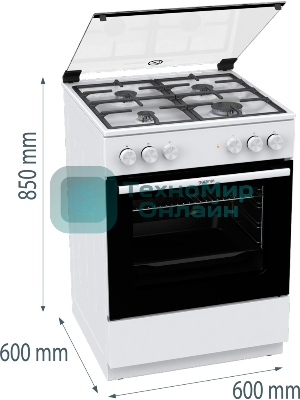 Плита комбинированная Gorenje GK6A20WF белый, конфорок 4 газовых, духовка 65 л, 60 см x 85 см x 60 см