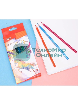 Карандаши цветные Deli EC00300 ColoRun, трехгранный профиль, тополь, 12 цветов, коробка с европодвесом