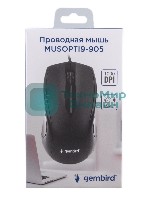Мышь проводная Gembird MUSOPTI9-905U черный, 1000 dpi, USB, кнопки - 3