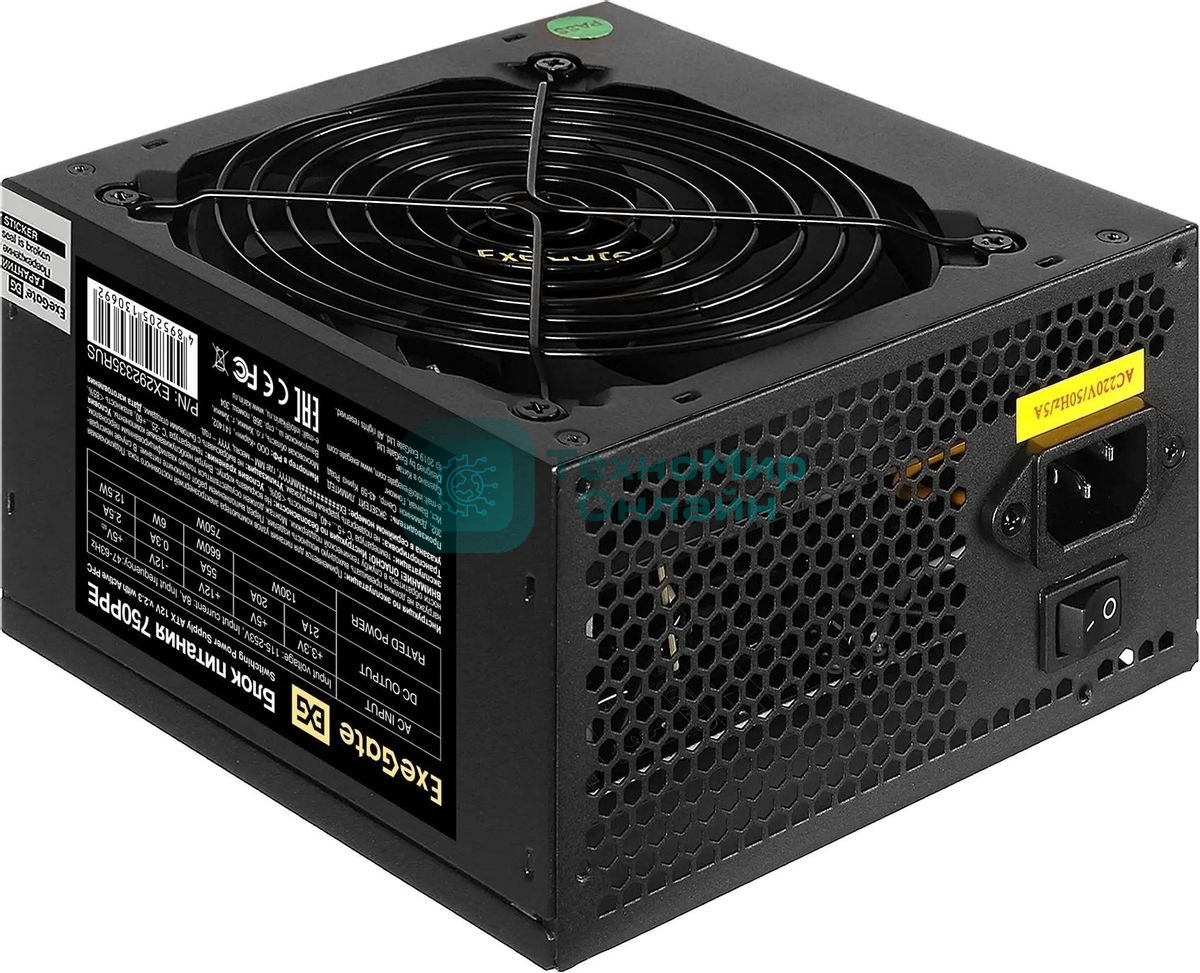 Блок питания ExeGate 750PPE, 750W, (ATX, APFC, SC, КПД 80% (80 PLUS), 12cm fan, 24pin, 2x(4+4)pin, 4xPCI-E, 6xSATA, 3xIDE, черный, кабель 220V 1,8м с защитой от выдергивания)