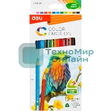 Карандаши цветные Deli EC00200 Color Emotion, трехгранный профиль, липа, 12 цветов, коробка с европодвесом (12шт)