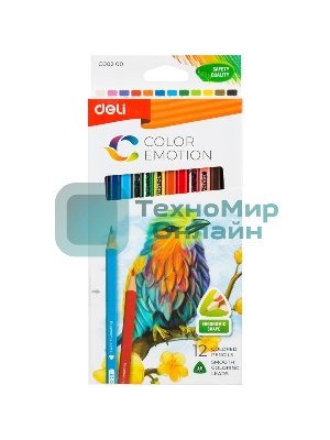 Карандаши цветные Deli EC00200 Color Emotion, трехгранный профиль, липа, 12 цветов, коробка с европодвесом (12шт)