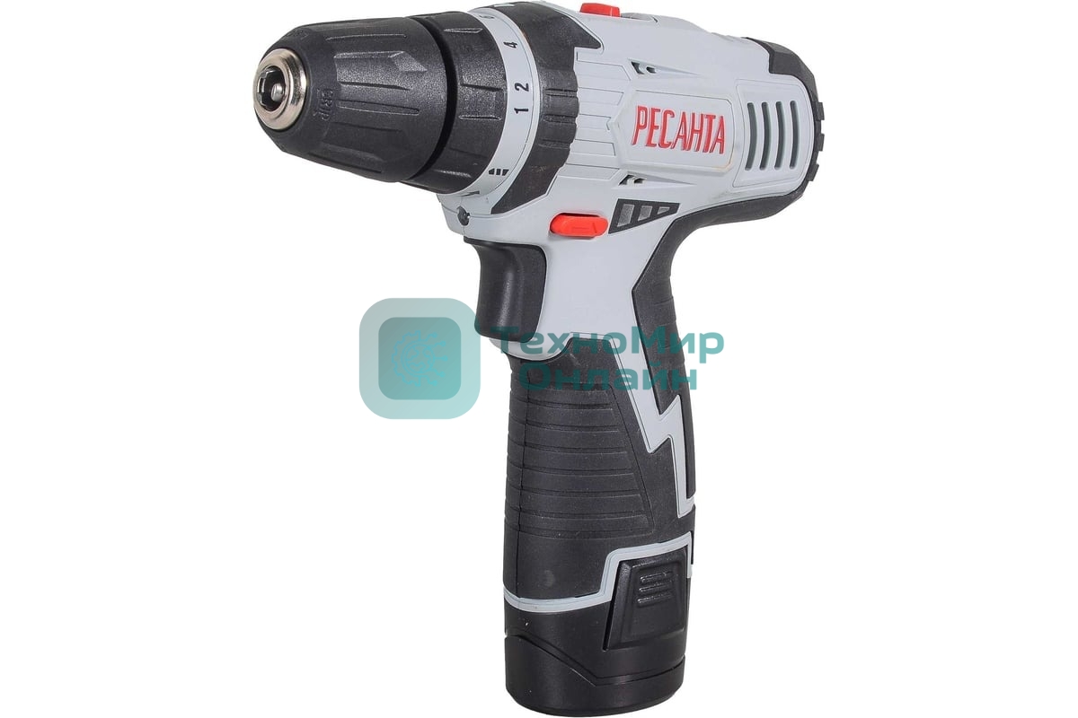 Дрель-шуруповерт Ресанта ДА-12-2Л, 12 В, 2 Ач, 40 Нм, щеточный