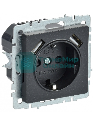 Розетка 1-местная IEK BRITE РЮш10-2-БрЧ (BR-R14-16-U21-D31-K02) с заземлением, с защитными шторками, 16А, с USB A+A 5В 3,1А, черный