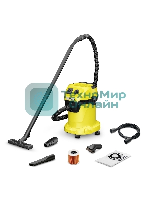Строительный пылесос Karcher WD 3 P V-17/4/20 Workshop желтый, 1000 Вт, уборка сухая/сбор воды/выдув, пылесборник мешок/контейнер, 17 л