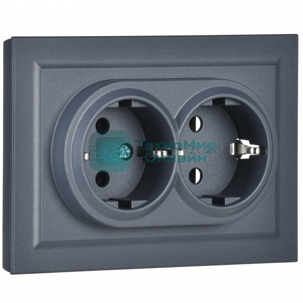 Розетка 2-местная IEK BRITE РС12-3-БрМ с заземлением, без защитных шторок, 16А в сборе, маренго